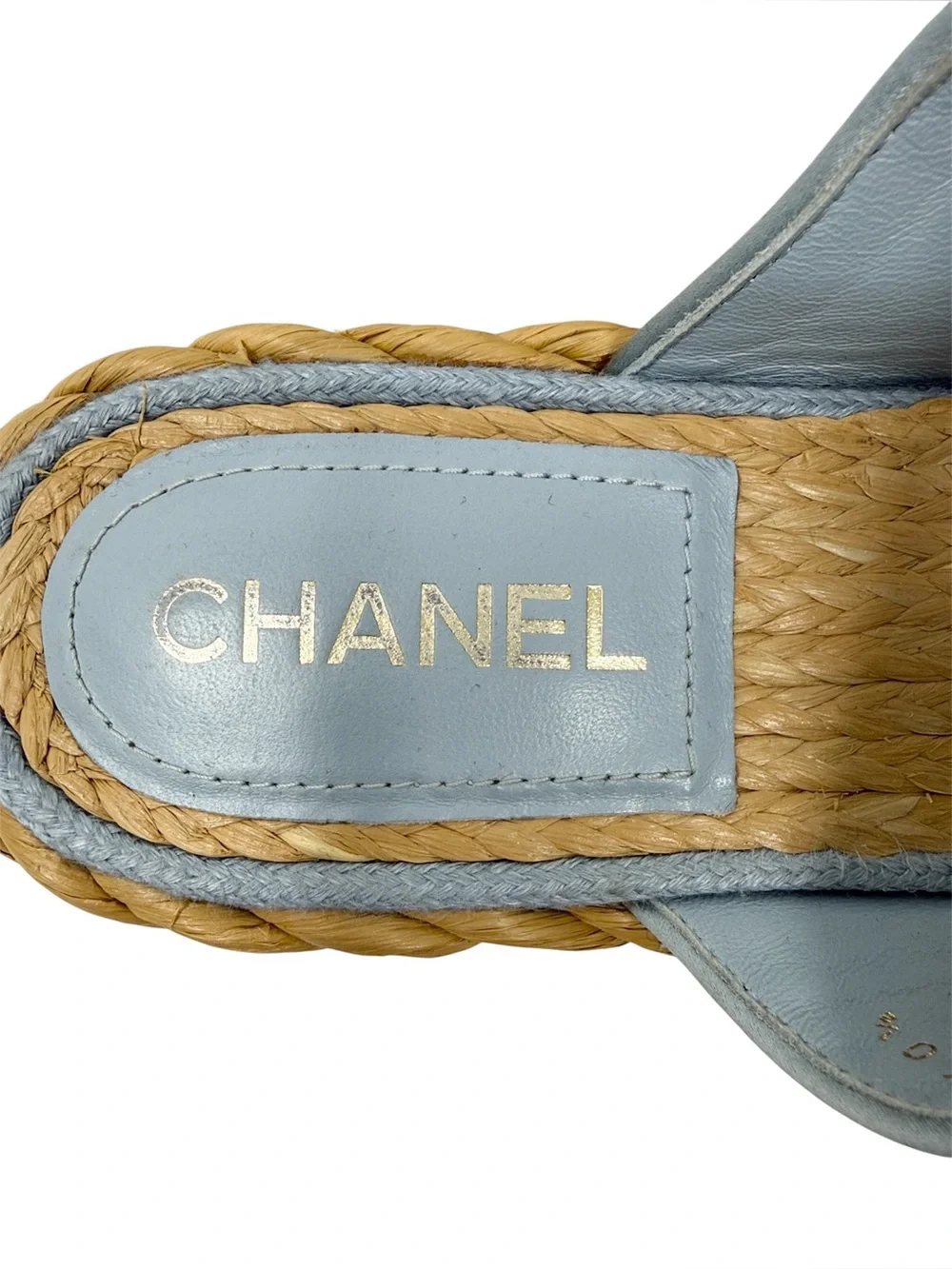 Chanel CC Terry Blue Thong Raffia Flat Slide Flip Flop Sandals Size 40.5